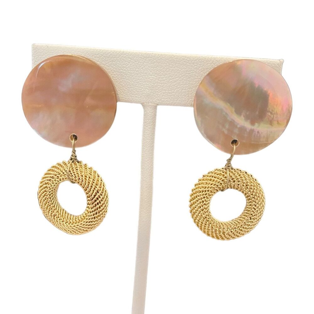 Vintage 1980s Clip On Earrings Shell Coastal Resort Gold Tone Dangle NOS - 3F
